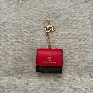 Michael Kors Red and Brown wireless earbuds case and Key Holder